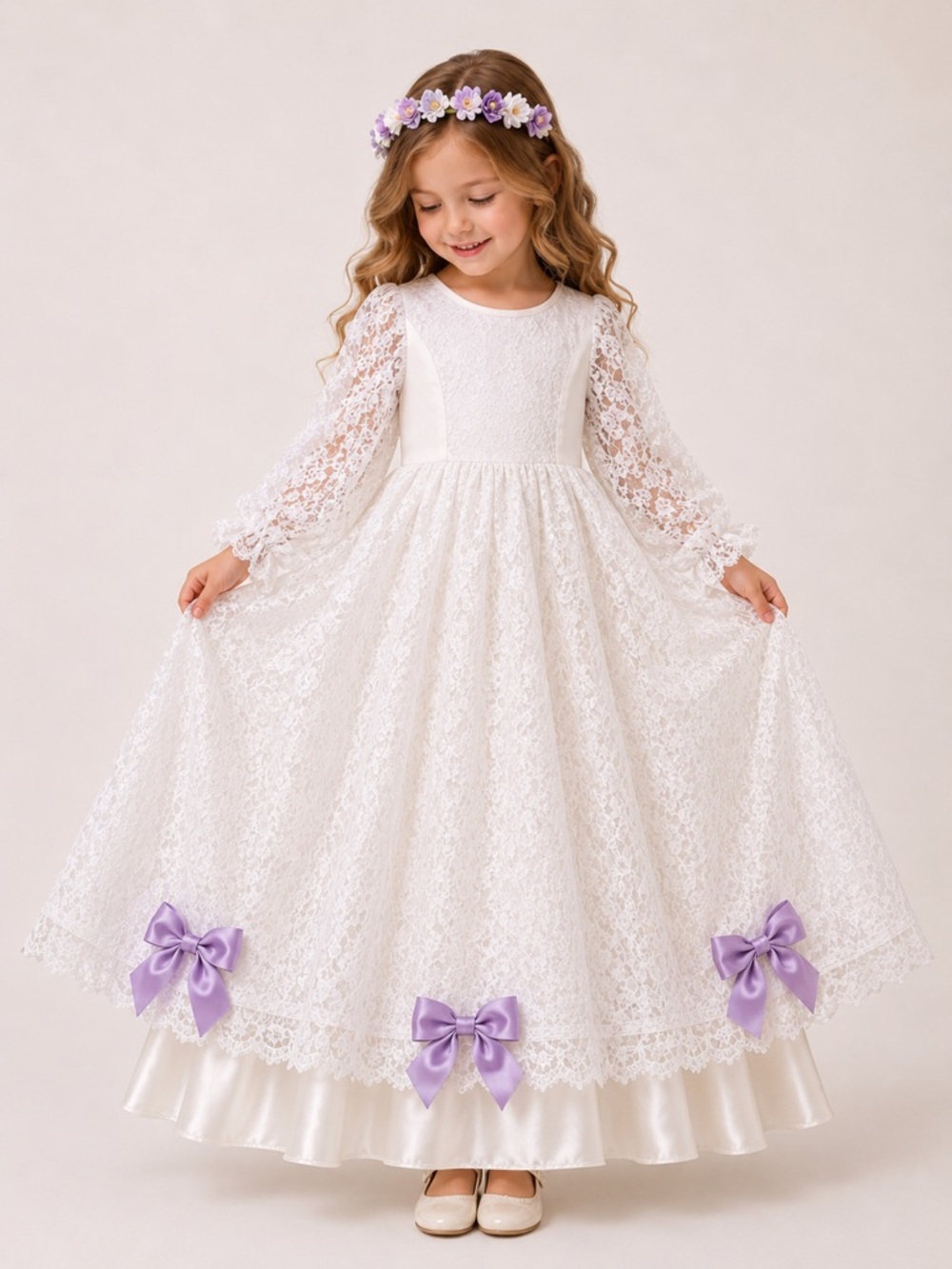 Handmade White Lace Heirloom Flower Girl Dress 4T Purple Satin Bows Wedding